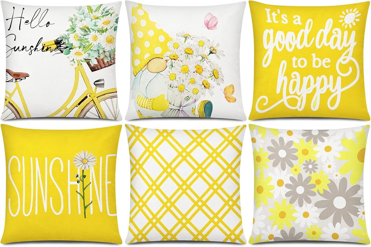 Summer Yellow Pillow Covers 18x18 Set of 6 Decorative Gnome Daisy Flower Throw Pillow Cover for Couch Modern Farmhouse Cushion Cover for Living Room Outdoor Patio Home Decor